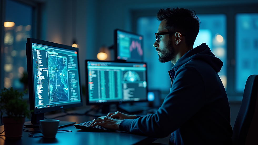Eye-level view of a cybersecurity expert analyzing data on multiple screens