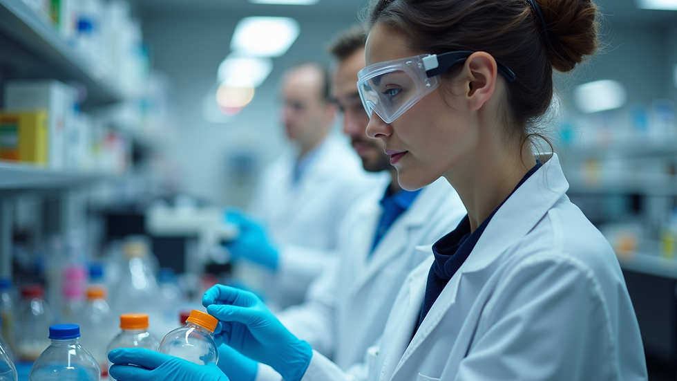 Eye-level view of a vibrant research lab with scientists working on drug development