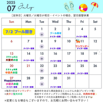 【7月のカレンダーと予定等】ドッグランクラブ広島観音ナイター営業・プール情報・サイズ別半額キャンペーンのお知らせ