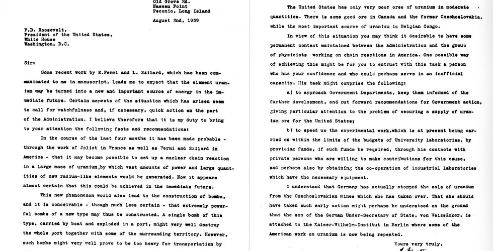 Albert Einstein and Leo Szilard write to F.D. Roosevelt warning him about the possibility of Germany creating an atomic bomb.