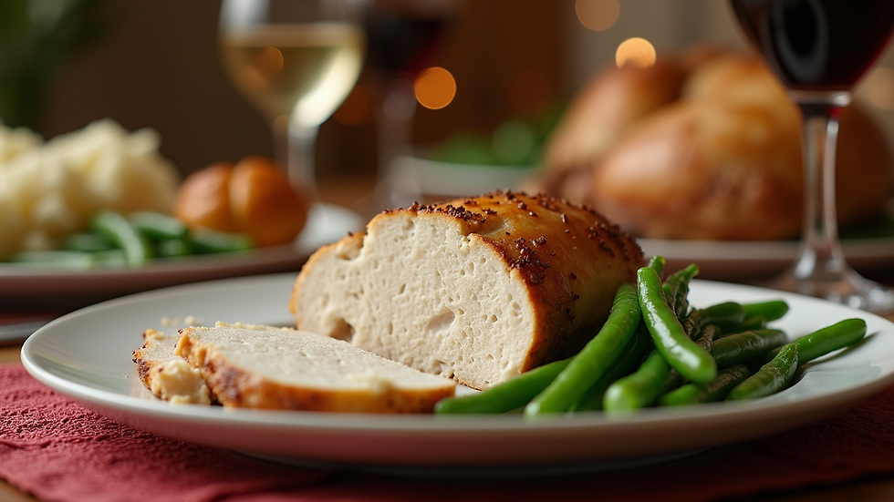 Close-up of a holiday dinner plate with turkey, mashed potatoes, and green beans