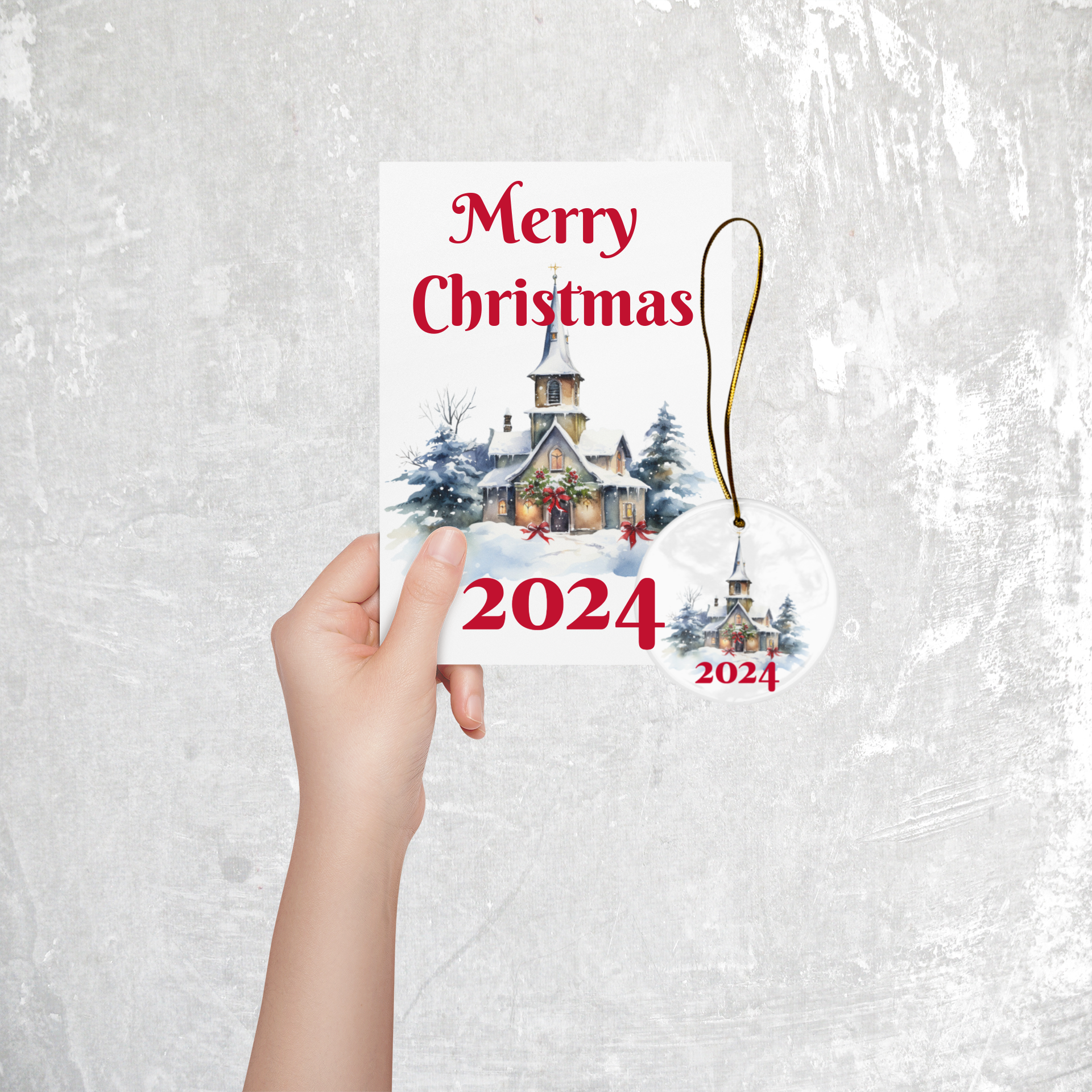 Christmas Chruch Scene Card with Ornament Set