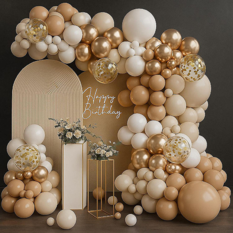 Décor d’anniversaire beige et or avec arche de ballons, fleurs et néons Happy Birthday sur fond sombre.
