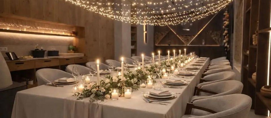 Elegant decoration for a small wedding venue, featuring light colors and string lights.