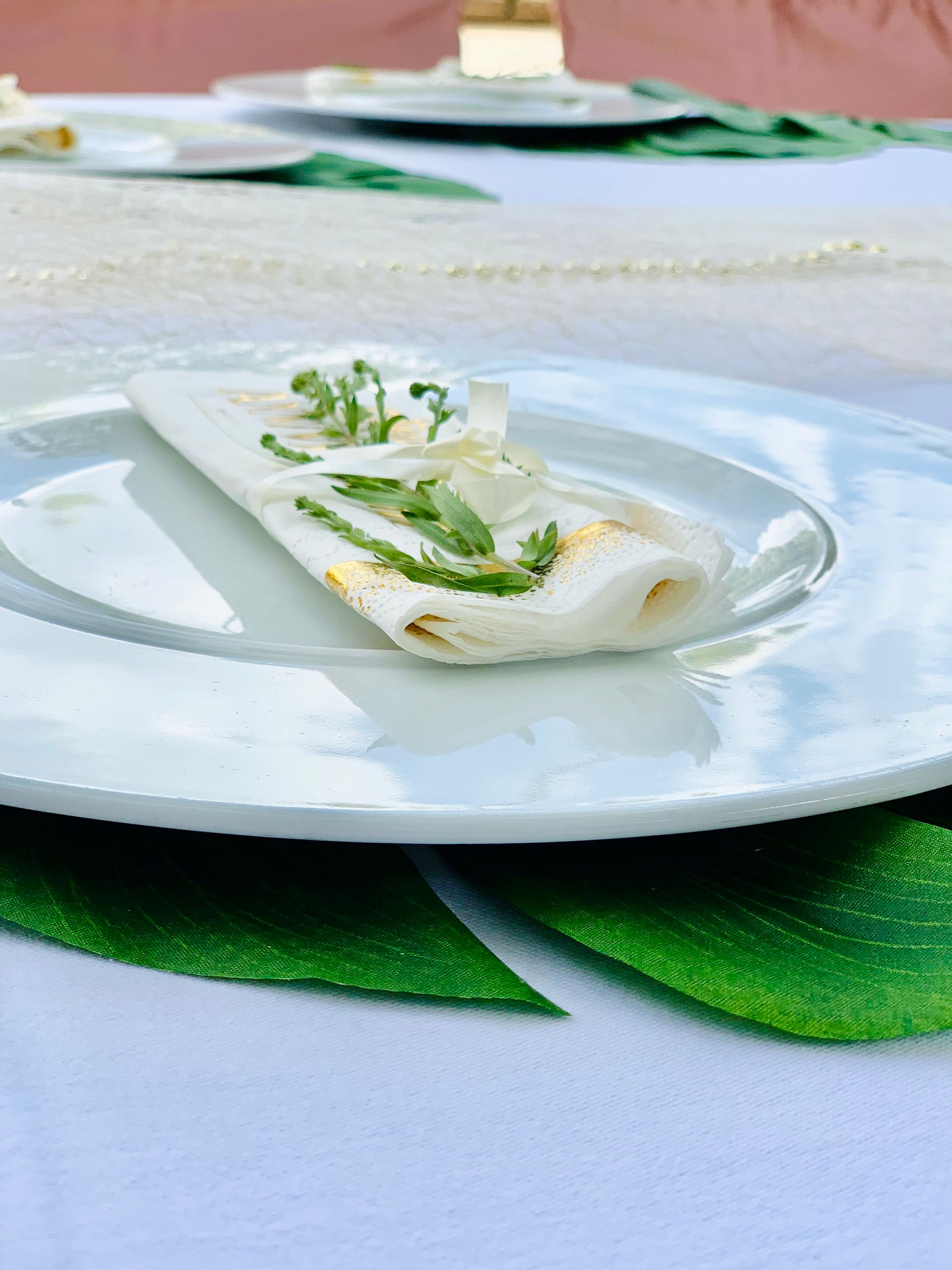 Assiette blanche posée sur un set en eucalyptus vert et une serviette blanche, créant une ambiance charmante et accueillante.