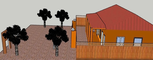 Vue de haut d'une illustration plan 3D, qui représente le toit d'une maison, située en milieu rural et qui est entourée par une clôture et des arbres.