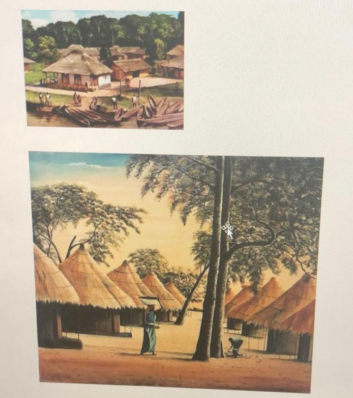 Deux photos illustrant des personnes en train de se promener dans un village traditionnel africain, créant une ambiance accueillant et naturelle.
