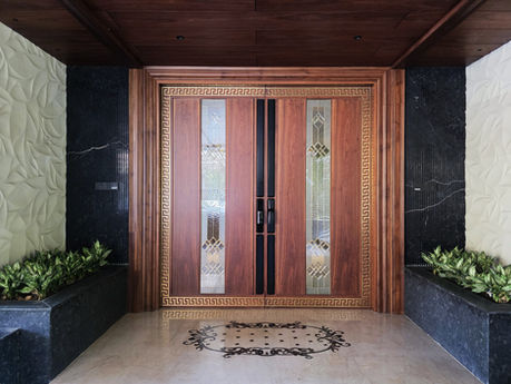 Wooden Entry door design with glass and metal 