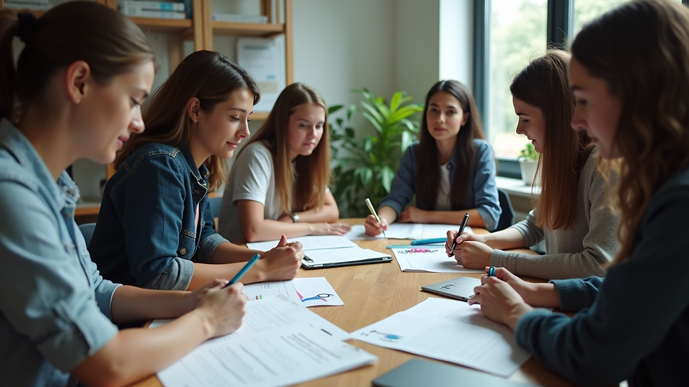 High angle view of students engaged in a group project