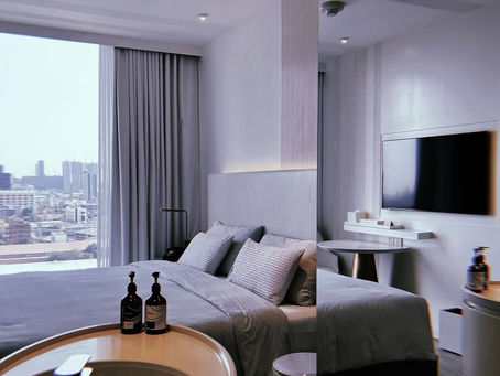 Hotel room with skyline city view of Bangkok, Thailand