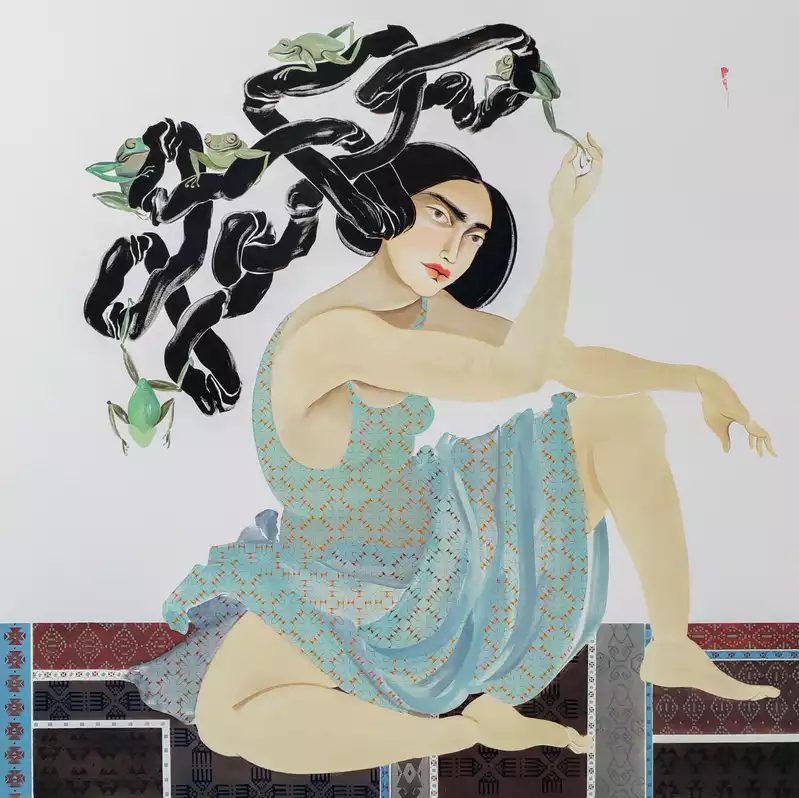 Painting of a A woman in a patterned dress, with flowing black hair intertwined with green birds, sits with one arm on her knee. Her expression is thoughtful. By Hayv Kahraman 