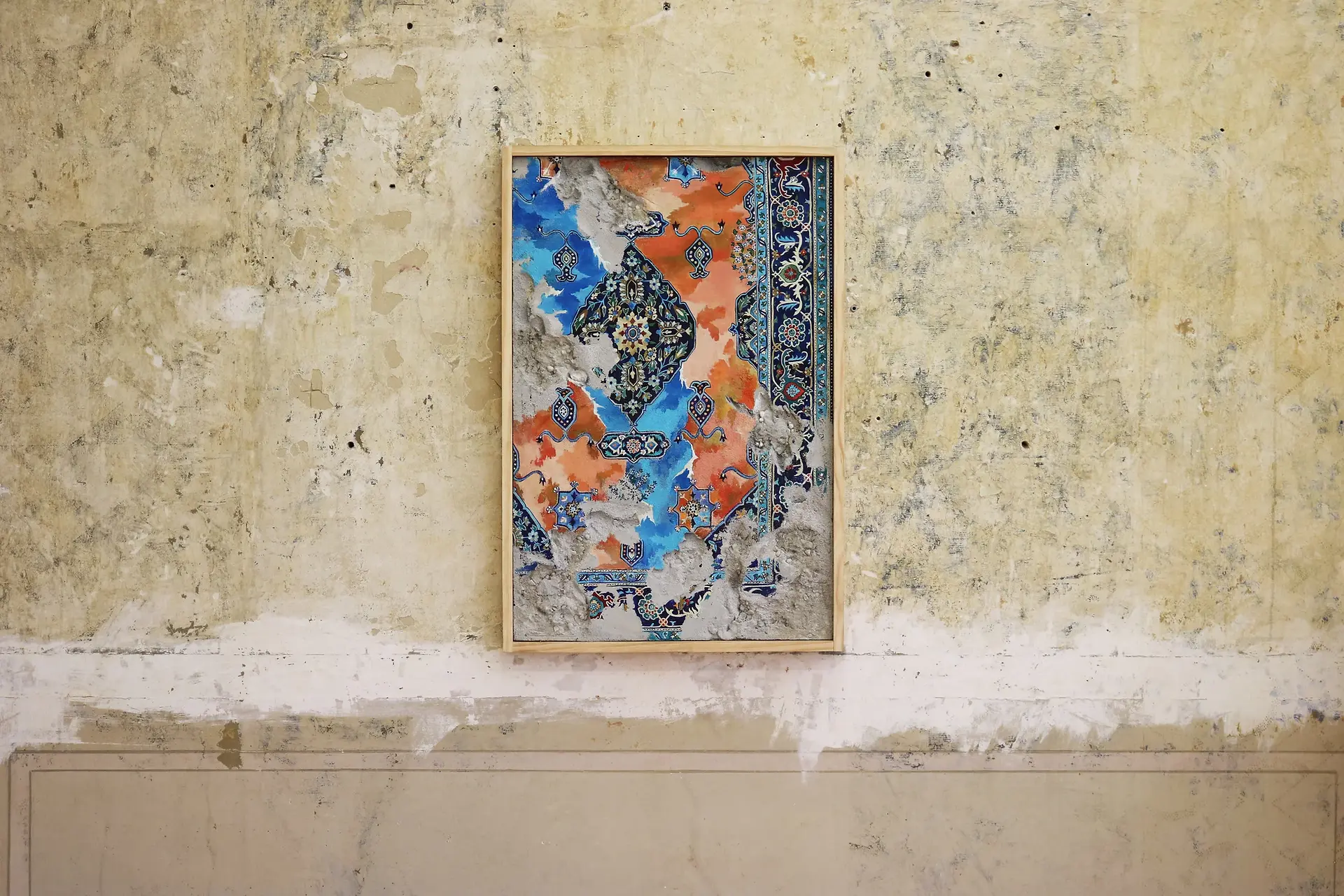 Tapestry artwork by Jason Seife. Framed abstract artwork with vibrant blue and orange hues on a distressed, textured wall. The composition evokes a sense of decay and nostalgia.