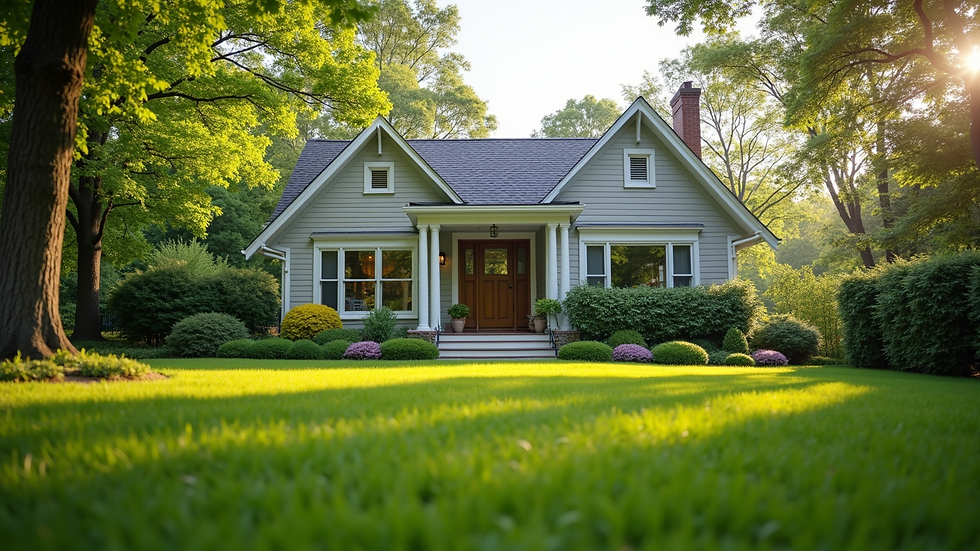 Eye-level view of a beautifully renovated bungalow with a manicured lawn