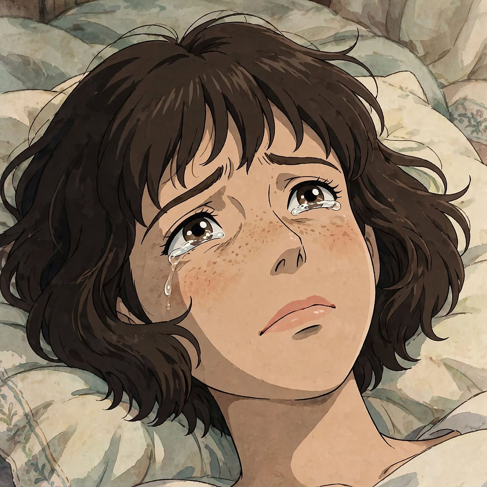 Sad illustrated girl lying on a pillow in bed, tears streaming from her eyes, with a worried expression.