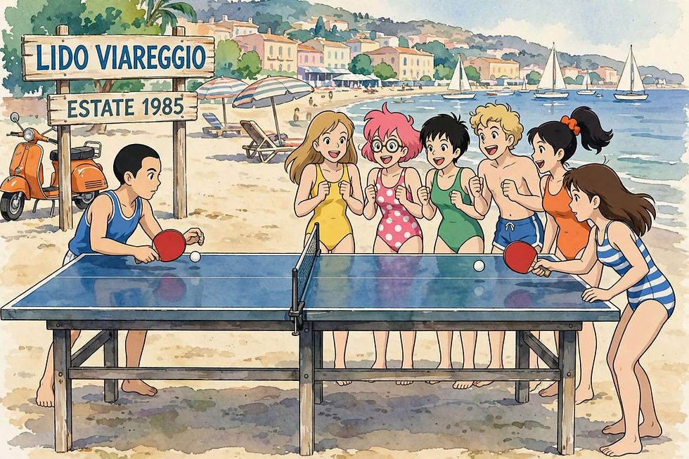 gruppo di amici che gioca in spiaggia a ping pong