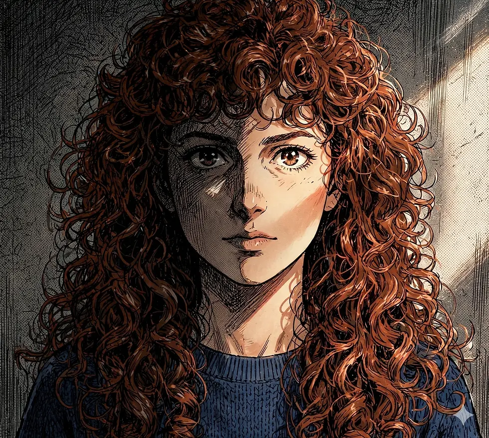 Comic-style portrait of a curly red-haired woman lit half in shadow, staring ahead with a serious expression.