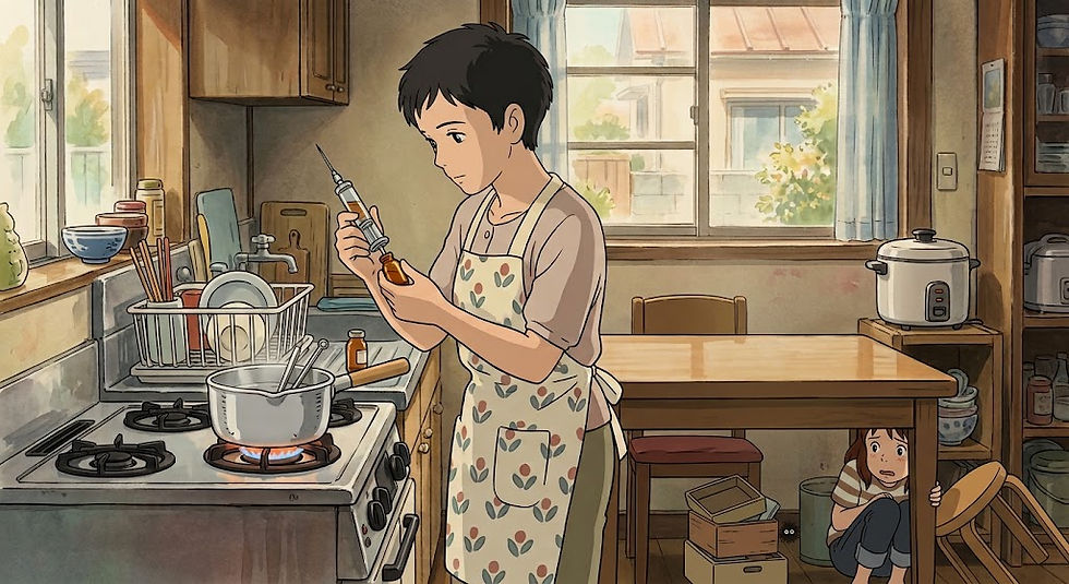 Young man in apron fills a syringe in a sunlit kitchen, while a worried child hides under the table beside boxes.