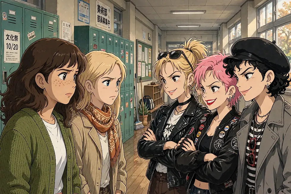 Five teens face off in a school hallway by green lockers and Japanese cultural festival posters, tense but lively.