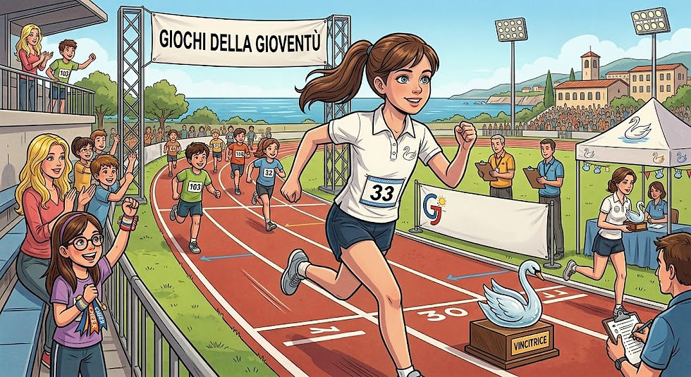 Girl runner 33 sprints to finish at youth games track meet, with cheering crowd, judges, and swan trophy under GIOCHI DELLA GIOVENTÙ