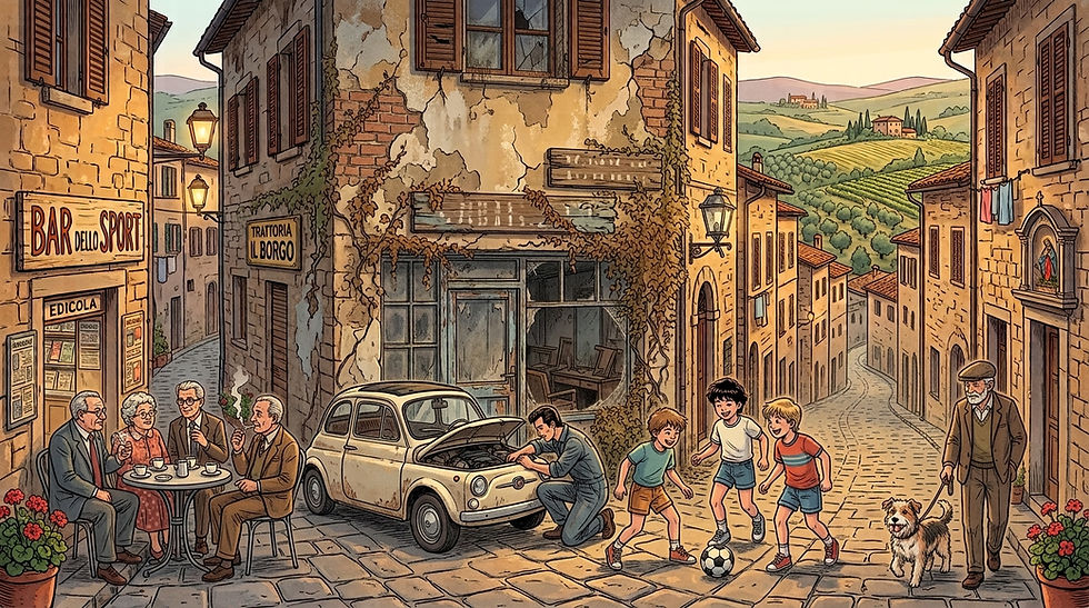 Italian village street with café patrons, children playing soccer, a mechanic fixing a Fiat, and signs for Bar, Edicola, Trattoria Il Borgo.