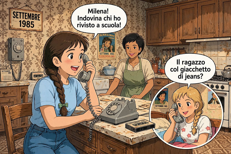 Retro kitchen in September 1985; girl on a rotary phone excitedly greets a friend, with Italian speech bubbles and a woman in apron