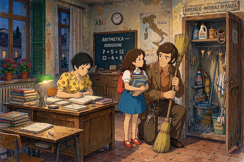 Old Italian classroom at dusk: student writes, girl hugs books, man with broom kneels by cleaning closet; chalkboard says ARITMETICA.