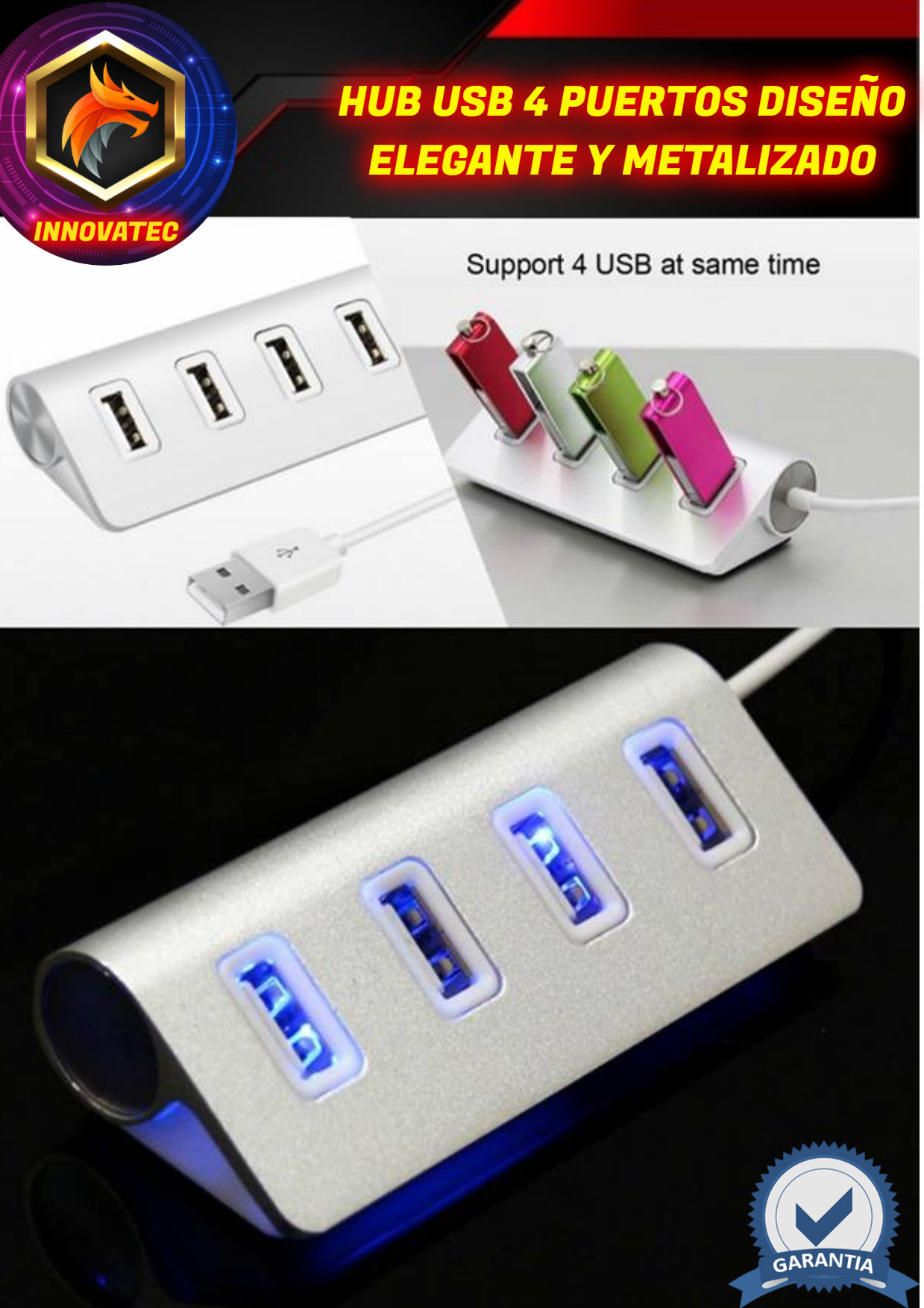 HUB 4 PUERTOS USB 2.0 METALIZADO