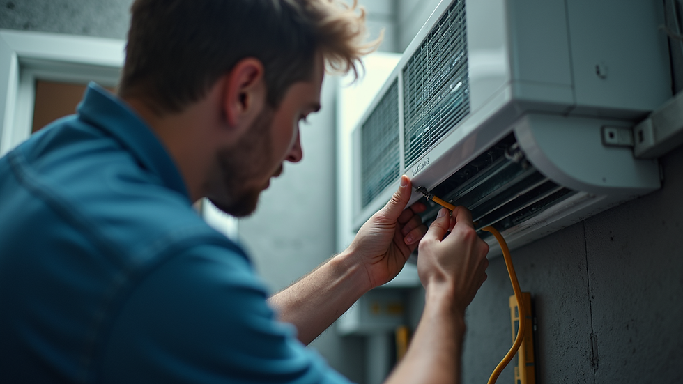Eye-level view of HVAC technician inspecting an air conditioning unit