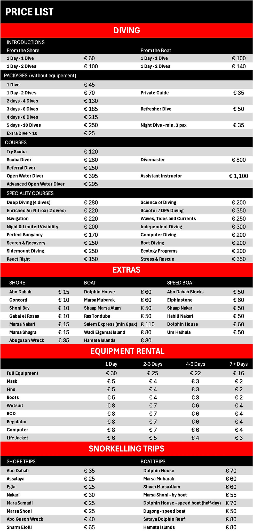pricelist 2026