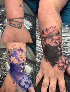 Tattoo cover-up process: old 'Peanut's Key' tattoo, stencil, and new floral design.