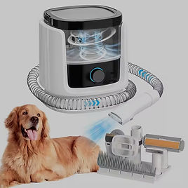 Electric pet grooming tool set with vacuum and brush attachment, shown next to a golden retriever.