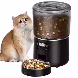 Smart pet feeder with digital timer dispensing dry cat food, next to an orange and white cat.
