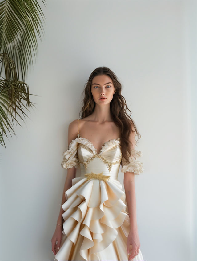 couture cream-colored nuptial dress on a Hawaii model