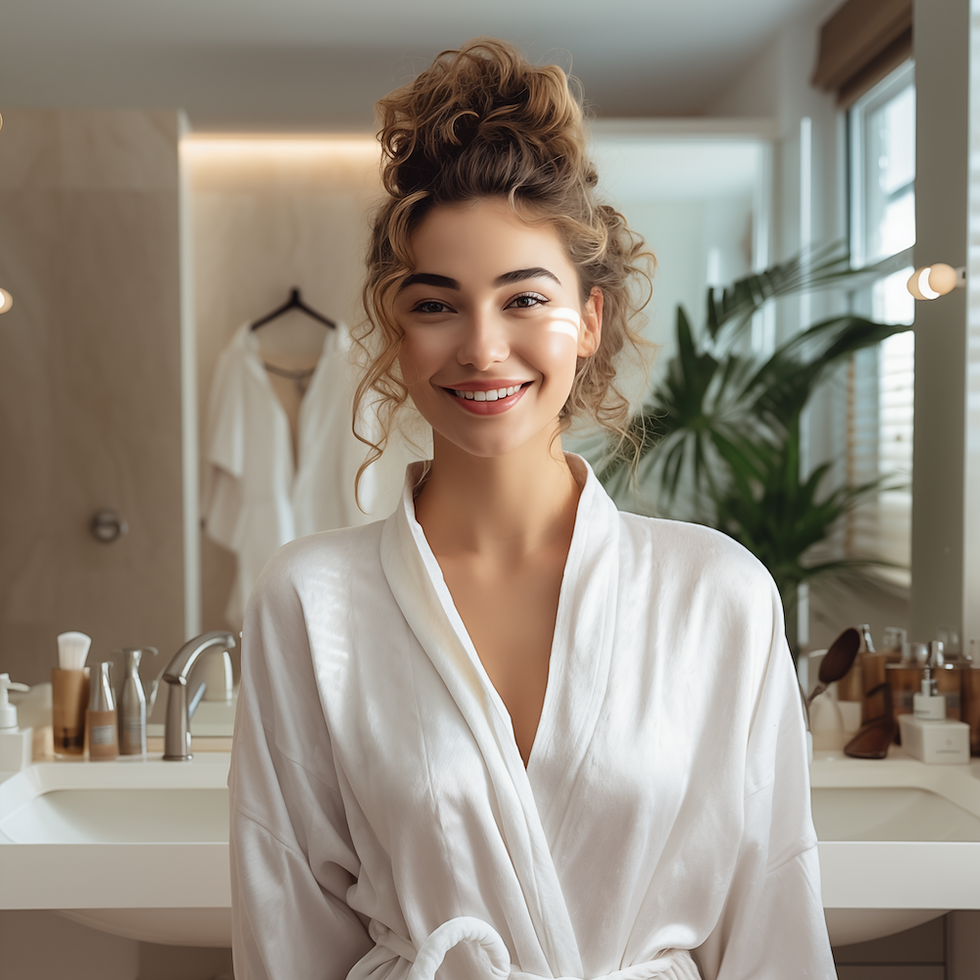 woman in white bathrobe and natural makeup laughing into the camera