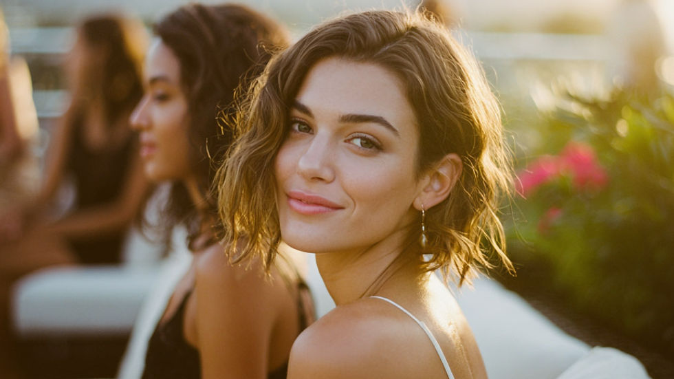 Intimate rooftop lounge scene in Honolulu with women styled by Maleana Beauty — glowing makeup and relaxed hair for holiday event