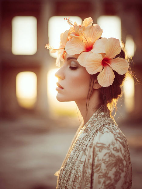 Hawaii bride with yellow Hibiscus flower crown enjoying the sunset