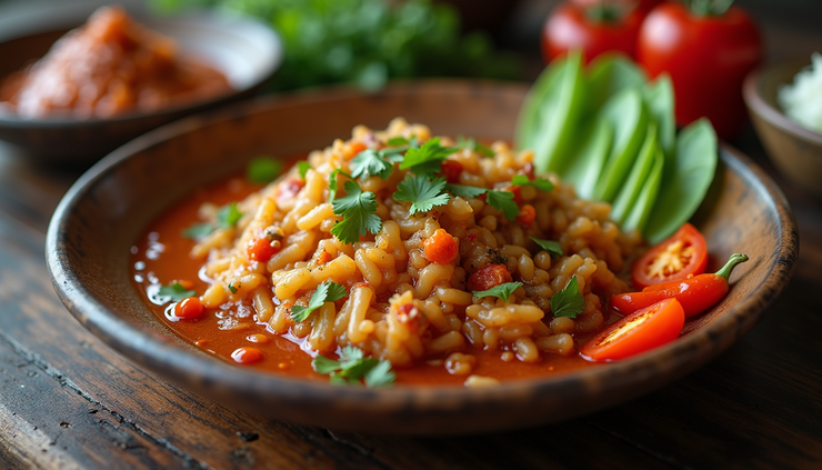 High angle view of a Cambodian meal with chili sauce and fresh vegetables on the side