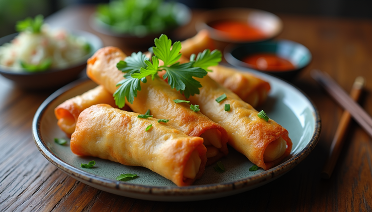 High angle view of a plate with Cambodian egg rolls, fresh herbs, and dipping sauces