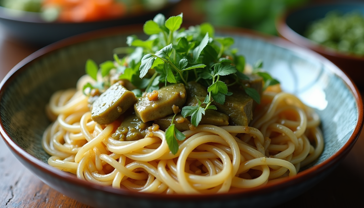 Close-up view of a bowl of Nom Banh Chok with fresh herbs and vegetables