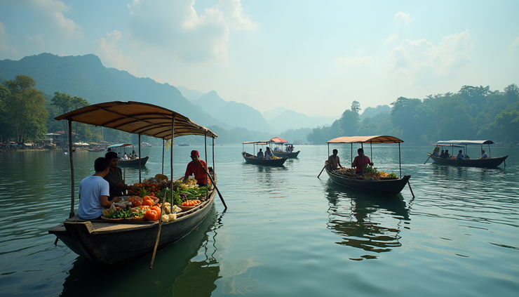 Eye-level view of floating market boats on Tonlé Sap lake