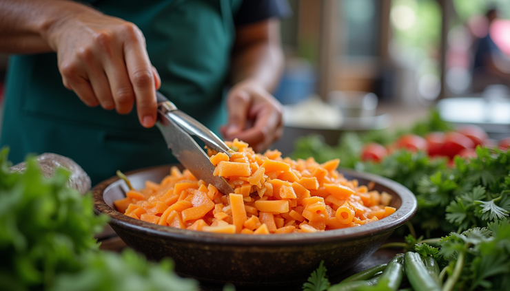 Eye-level view of a Cambodian street vendor preparing fresh papaya salad with vibrant herbs and vegetables