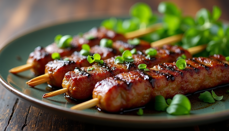 Close-up of grilled lemongrass beef sticks on a platter with fresh herbs