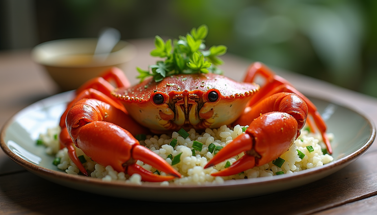 Close-up of Kampot pepper crab served with fresh herbs and rice