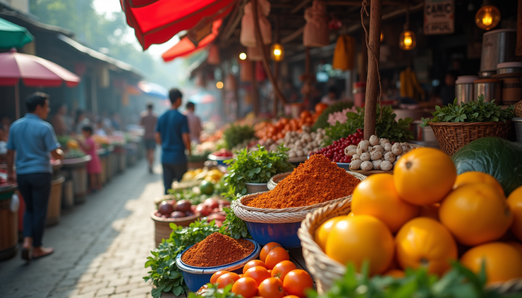 High angle view of Kampot Central Market with fresh produce and spices