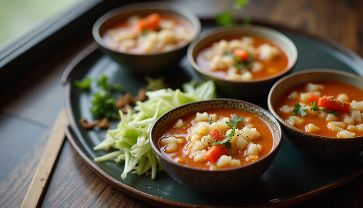 High angle view of a serving tray with bowls of Cambodian boiled rice soup and fresh herbs
