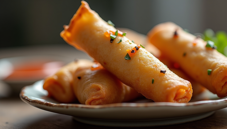 Eye-level view of Cambodian egg rolls being dipped into a sweet and sour sauce