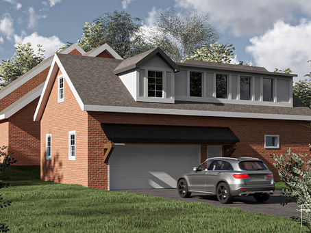 This exterior elevation sketch illustrates both the existing façade and the proposed design concepts.