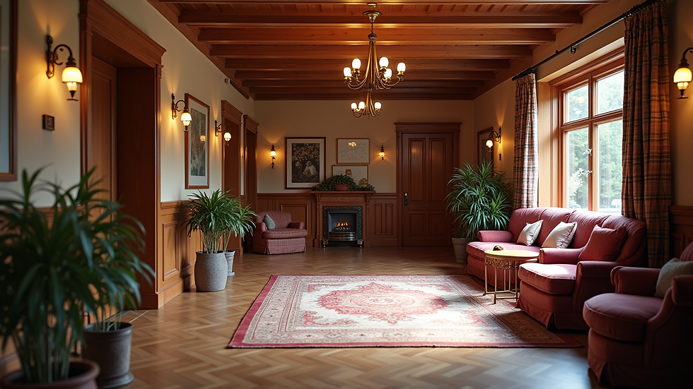 Eye-level view of the cozy guest house lobby with wooden accents and tartan decorations