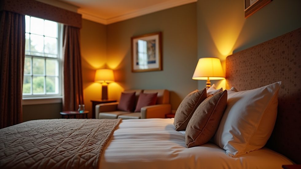 Wide angle view of a cosy hotel room in Elgin with warm lighting