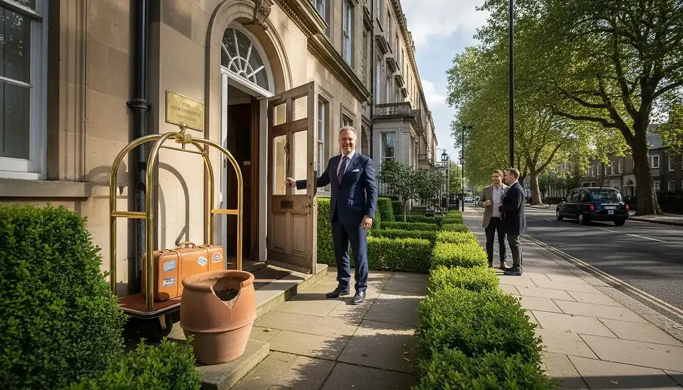 Concierge greeting at luxury guest house entrance